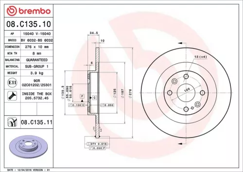 Remschijf BREMBO 08.C135.11)
