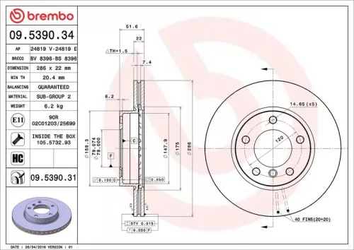 Remschijf BREMBO 09.5390.31)
