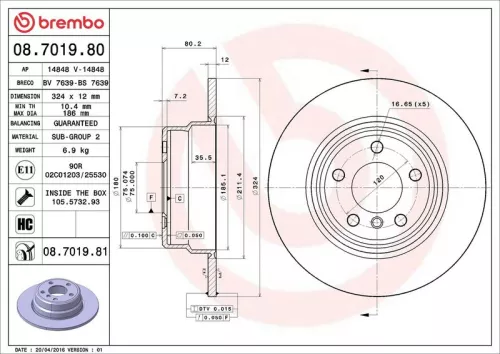 Remschijf BREMBO 08.7019.81)