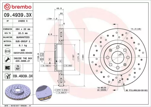 Brake Disc BREMBO 09.4939.3X)