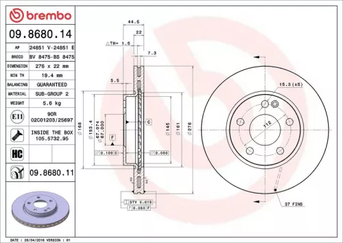 Remschijf BREMBO 09.8680.11)