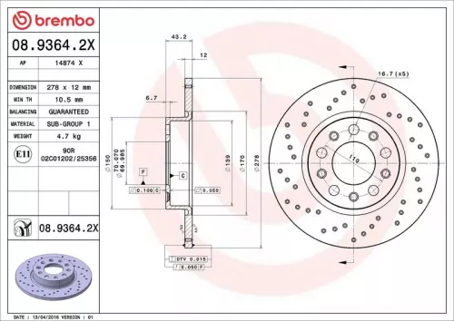 Remschijf BREMBO 08.9364.2X)