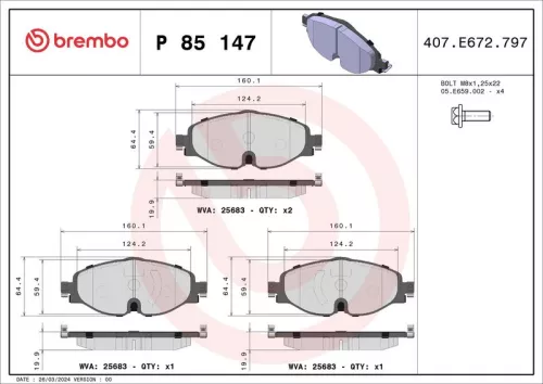 Brake Pad Set, disc brake BREMBO P 85 147)