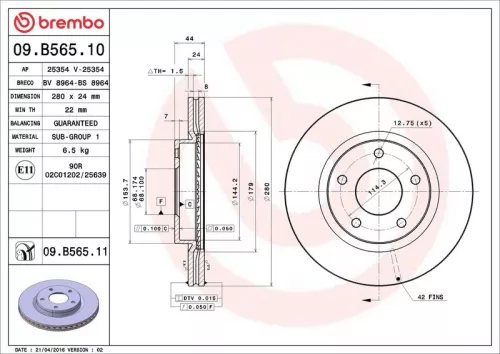 Remschijf BREMBO 09.B565.11)