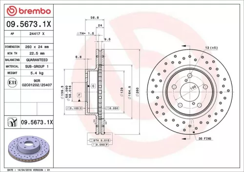 Remschijf BREMBO 09.5673.1X)