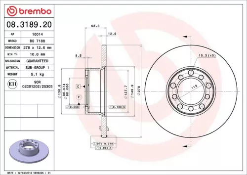 Remschijf BREMBO 08.3189.20)
