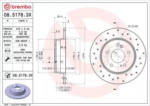 Remschijf BREMBO 08.5178.3X)