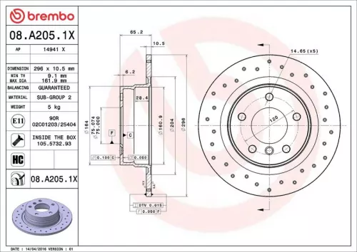 Remschijf BREMBO 08.A205.1X)
