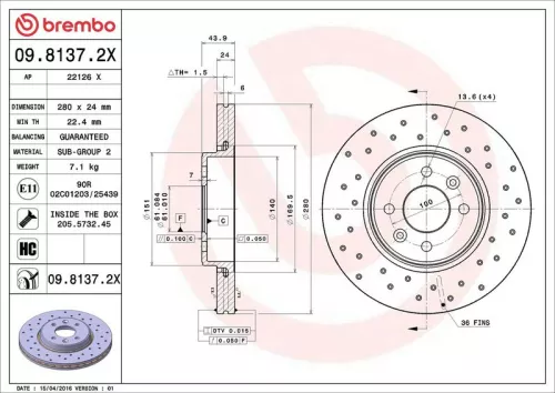Remschijf BREMBO 09.8137.2X)