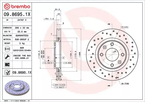 Remschijf BREMBO 09.8695.1X)