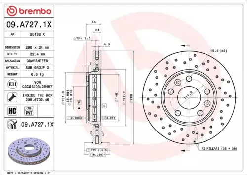 Remschijf BREMBO 09.A727.1X)