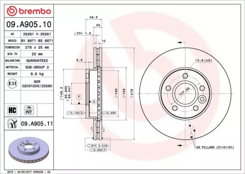 Brake Disc BREMBO 09.A905.11)