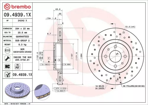 Brake Disc BREMBO 09.4939.1X)