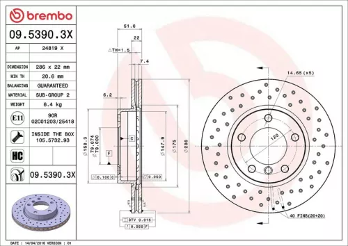 Remschijf BREMBO 09.5390.3X)