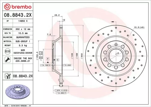 Remschijf BREMBO 08.8843.2X)