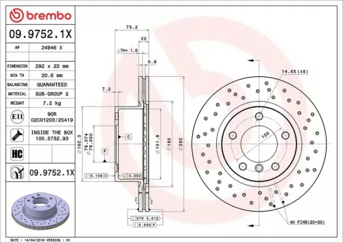 Remschijf BREMBO 09.9752.1X)
