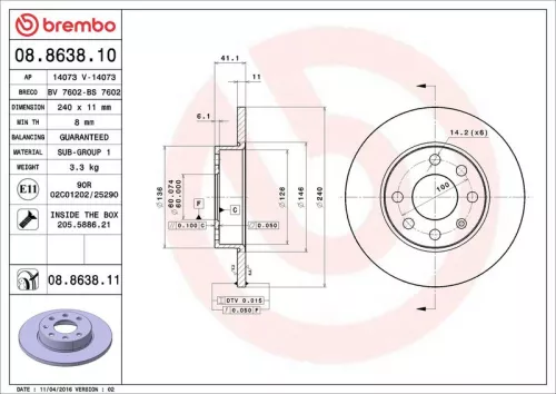 Remschijf BREMBO 08.8638.11)