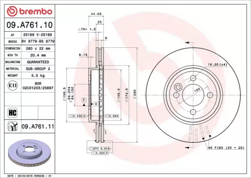 Remschijf BREMBO 09.A761.11)