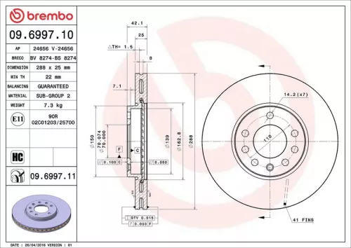 Remschijf BREMBO 09.6997.11)