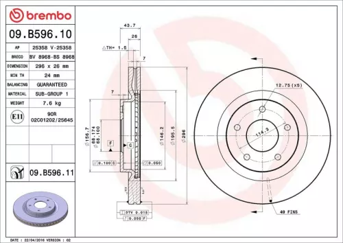 Remschijf BREMBO 09.B596.11)