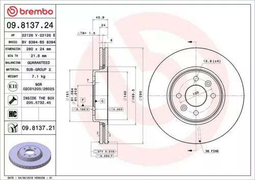 Remschijf BREMBO 09.8137.21)