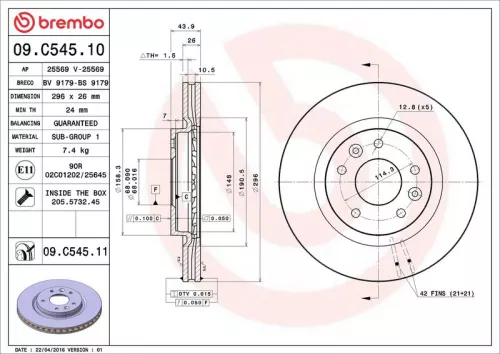 Brake Disc BREMBO 09.C545.11)