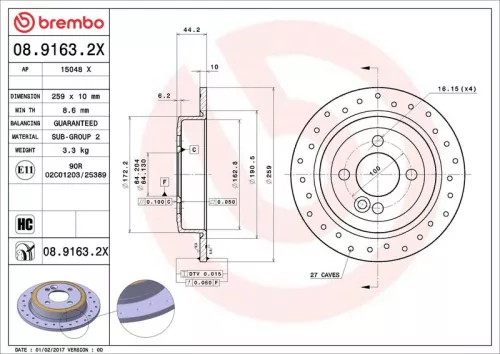 Remschijf BREMBO 08.9163.2X)