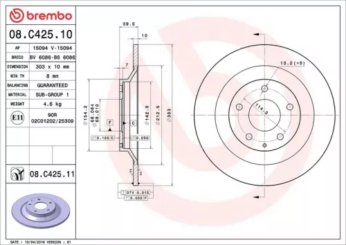 Remschijf BREMBO 08.C425.11)