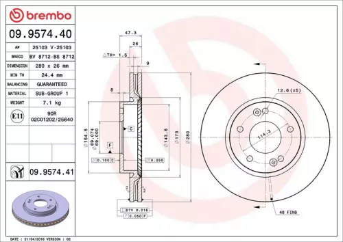 Brake Disc BREMBO 09.9574.41)