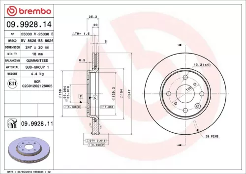 Remschijf BREMBO 09.9928.11)