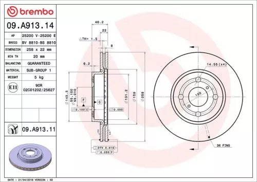 Remschijf BREMBO 09.A913.11)