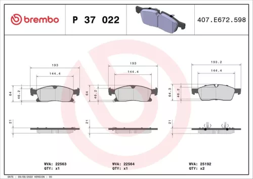 Brake Pad Set, disc brake BREMBO P 37 022)