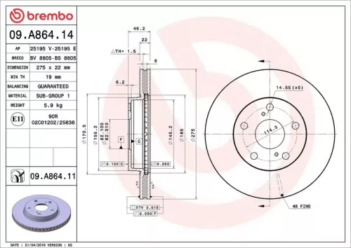 Remschijf BREMBO 09.A864.14)