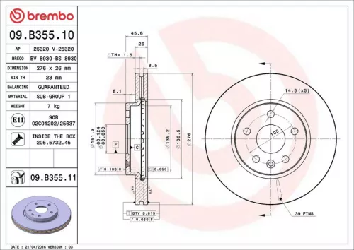 Brake Disc BREMBO 09.B355.10)