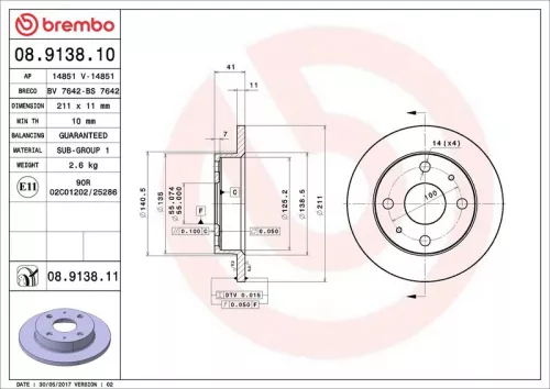 Remschijf BREMBO 08.9138.10)