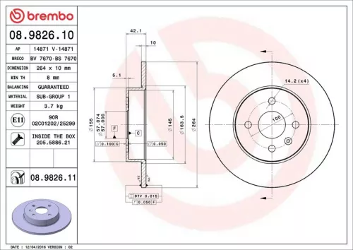 Remschijf BREMBO 08.9826.11)