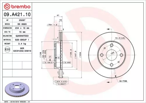 Remschijf BREMBO 09.A421.10)