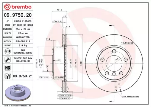 Remschijf BREMBO 09.9750.21)