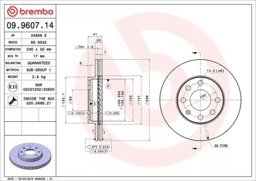 Remschijf BREMBO 09.9607.14)