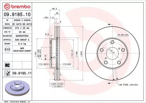 Remschijf BREMBO 09.9185.11)