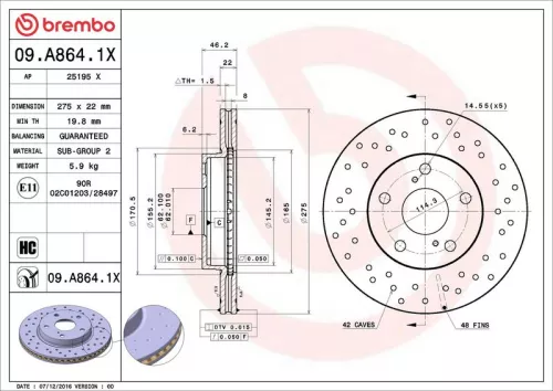 Remschijf BREMBO 09.A864.1X)