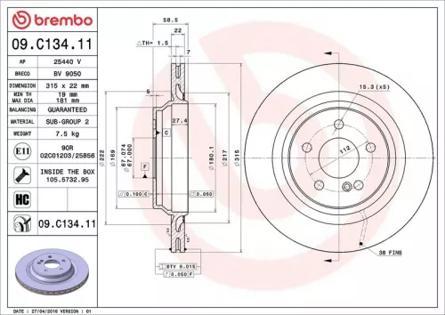 Remschijf BREMBO 09.C134.11)