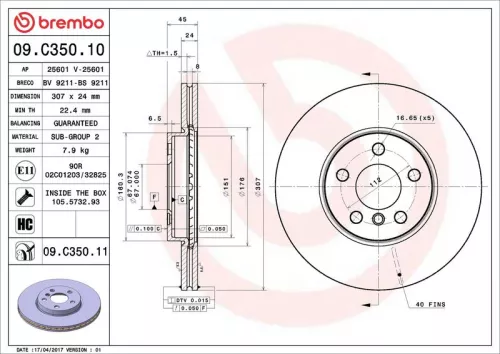 Remschijf BREMBO 09.C350.11)