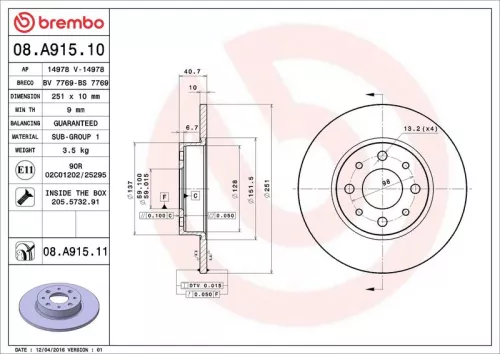 Remschijf BREMBO 08.A915.11)