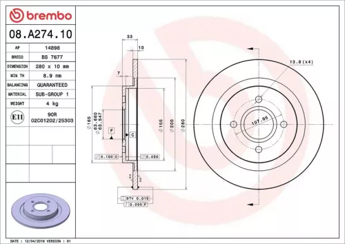 Remschijf BREMBO 08.A274.10)