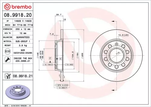 Remschijf BREMBO 08.9918.21)