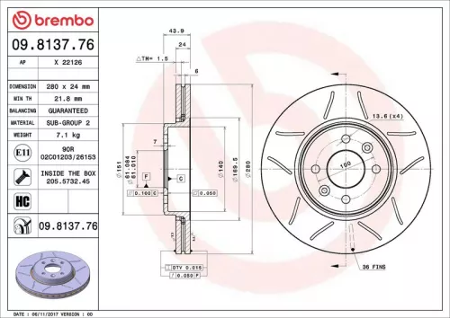 Remschijf BREMBO 09.8137.76)