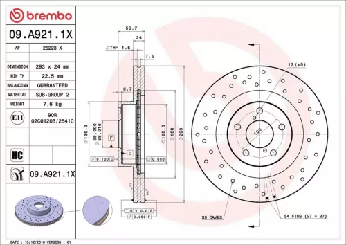 Remschijf BREMBO 09.A921.1X)