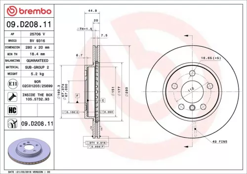 Remschijf BREMBO 09.D208.11)