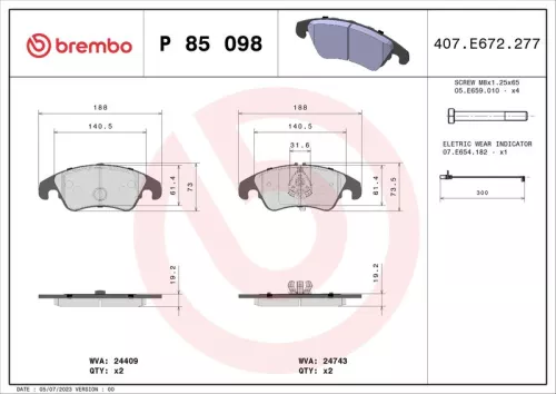 Brake Pad Set, disc brake BREMBO P 85 098X)